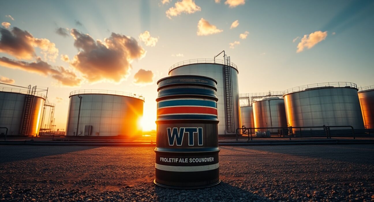 WTI crude oil barrel in foreground with oil storage tanks at sunset