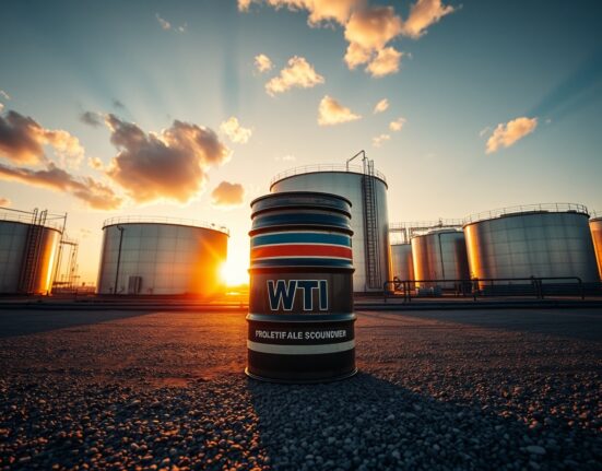 WTI crude oil barrel in foreground with oil storage tanks at sunset
