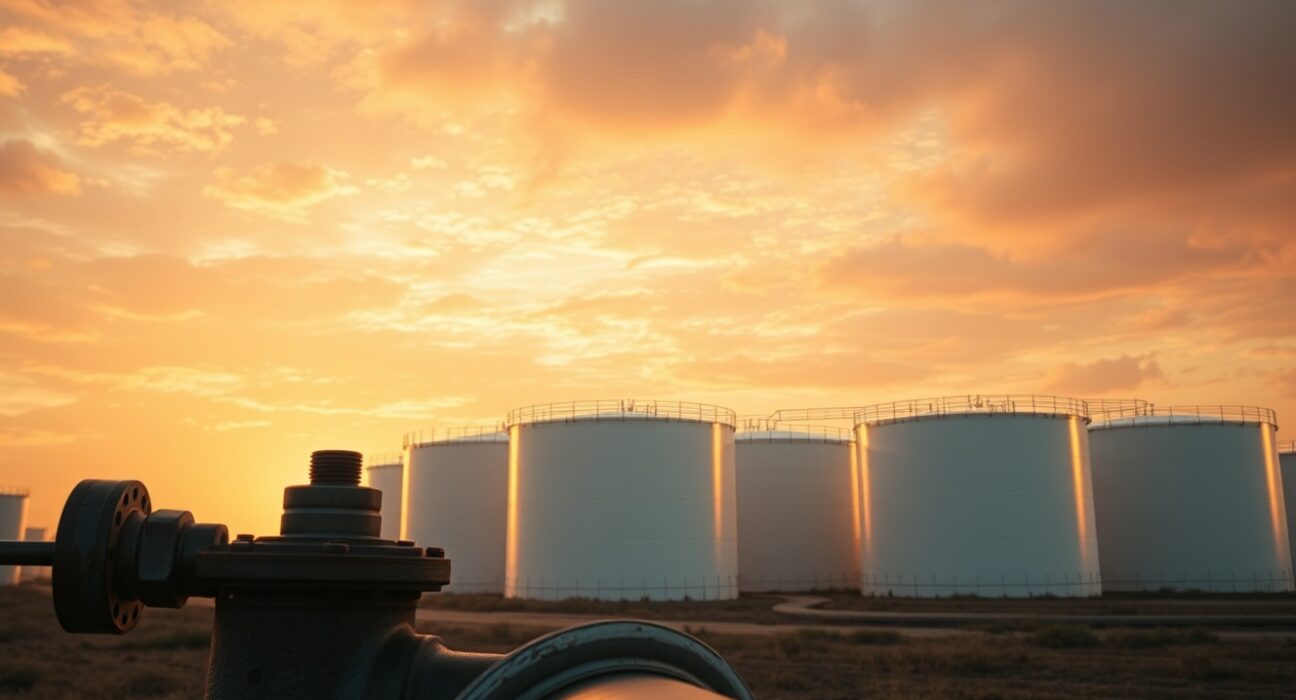 Oil storage tanks at sunset reflecting geopolitical tension in energy markets