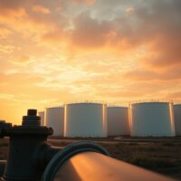 Oil storage tanks at sunset reflecting geopolitical tension in energy markets