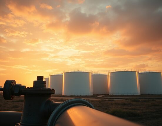 Oil storage tanks at sunset reflecting geopolitical tension in energy markets