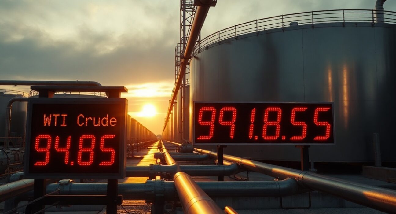 WTI crude oil price board showing $91.85 at an oil storage terminal during sunset