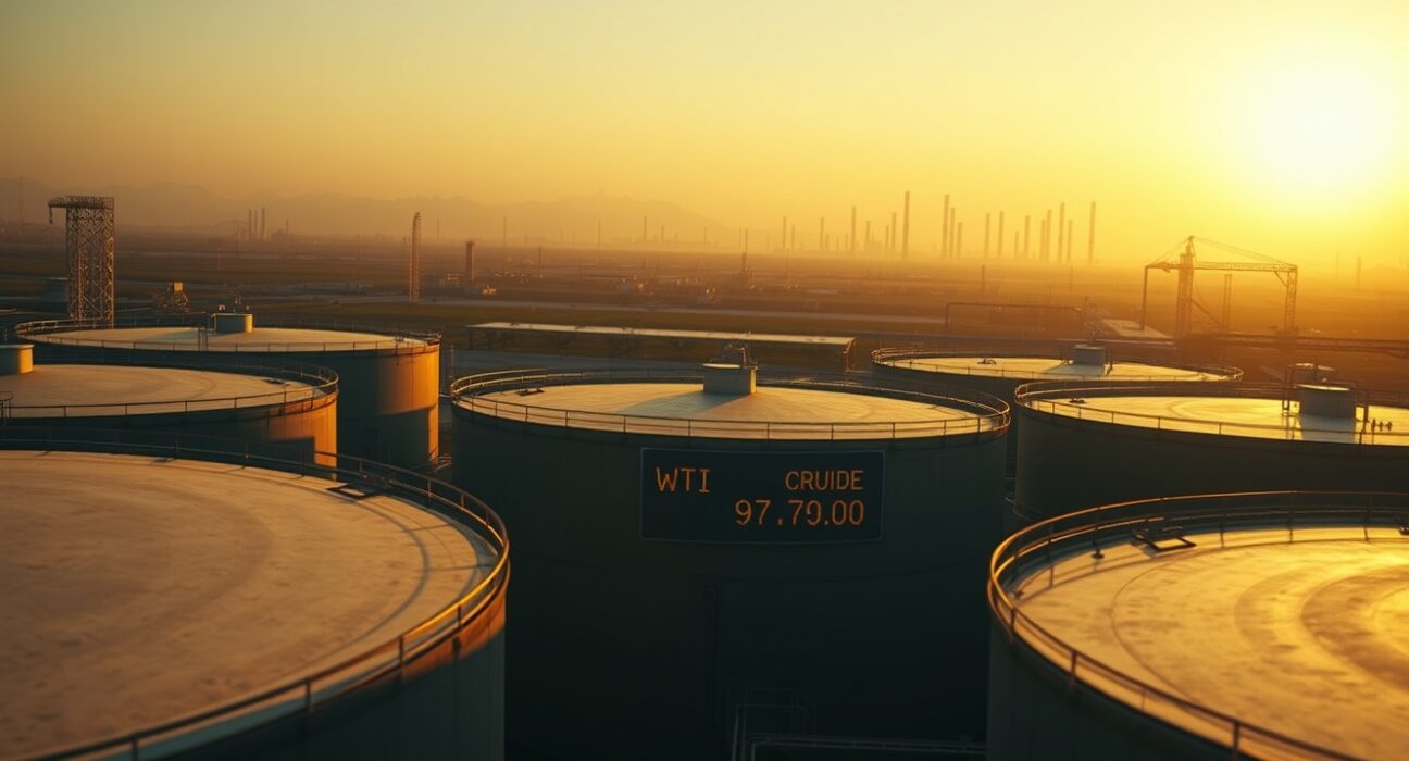 Oil storage tanks with WTI crude price display at sunset, market anticipation
