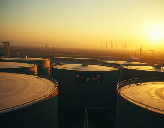 Oil storage tanks with WTI crude price display at sunset, market anticipation
