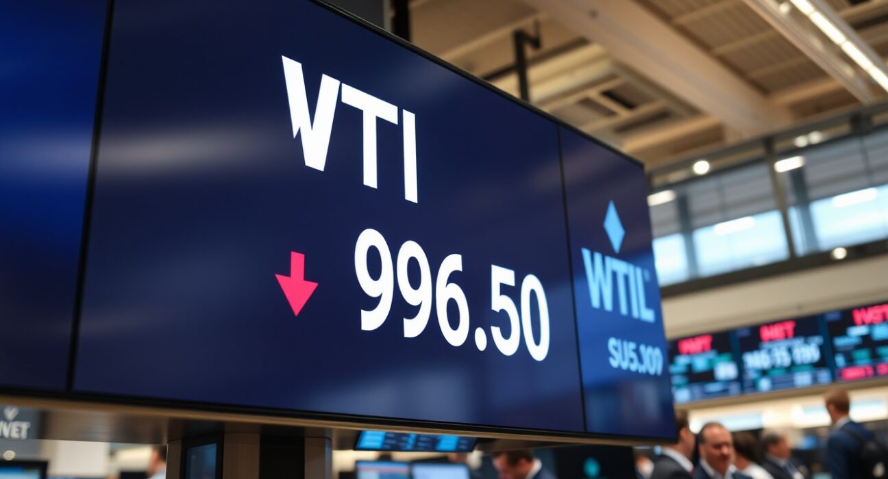 Digital trading board showing WTI crude oil price decline below $97 on a financial trading floor
