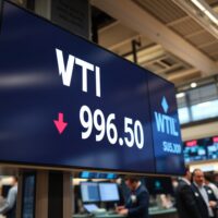 Digital trading board showing WTI crude oil price decline below $97 on a financial trading floor