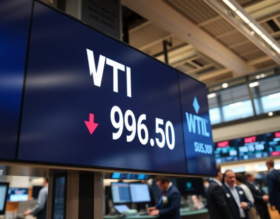 Digital trading board showing WTI crude oil price decline below $97 on a financial trading floor