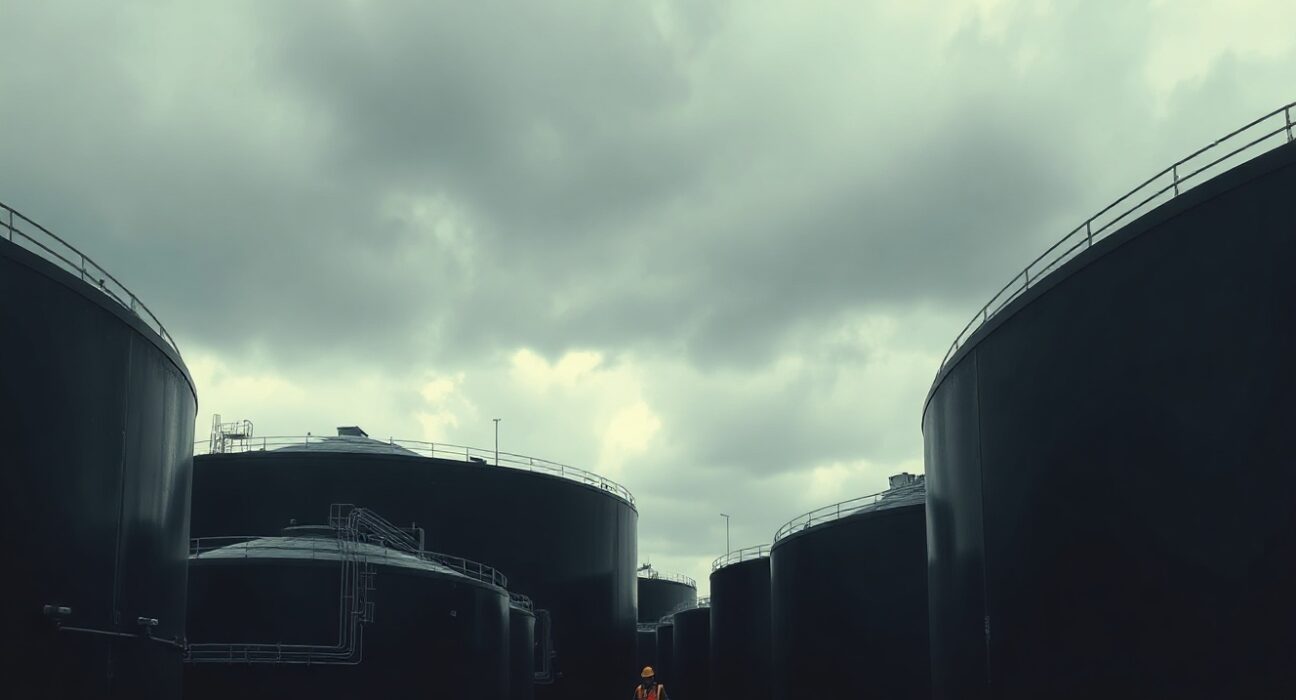 Oil storage tanks under overcast sky with worker walking between them