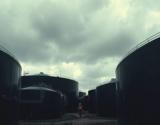 Oil storage tanks under overcast sky with worker walking between them