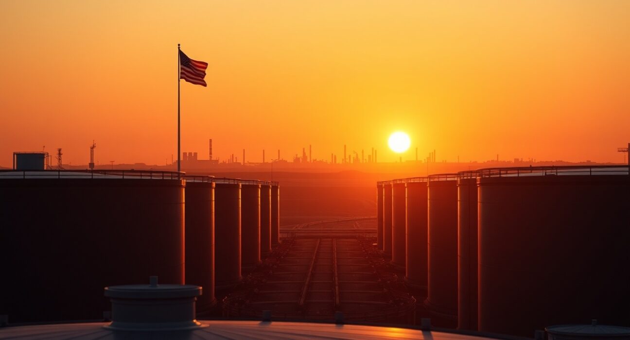 Oil storage tanks at sunset with American flag, representing WTI crude market and US-Iran diplomatic talks.
