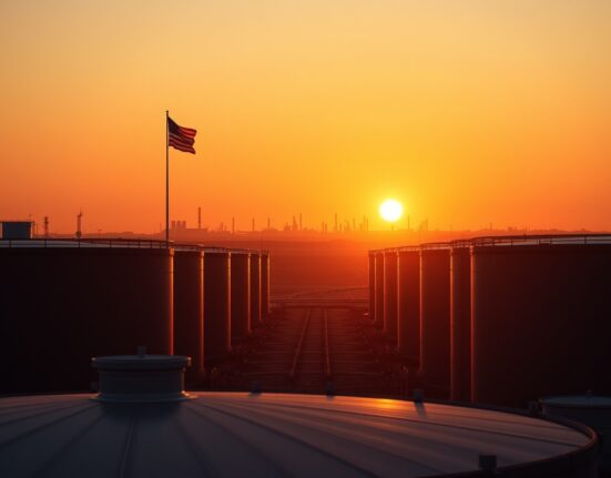 Oil storage tanks at sunset with American flag, representing WTI crude market and US-Iran diplomatic talks.