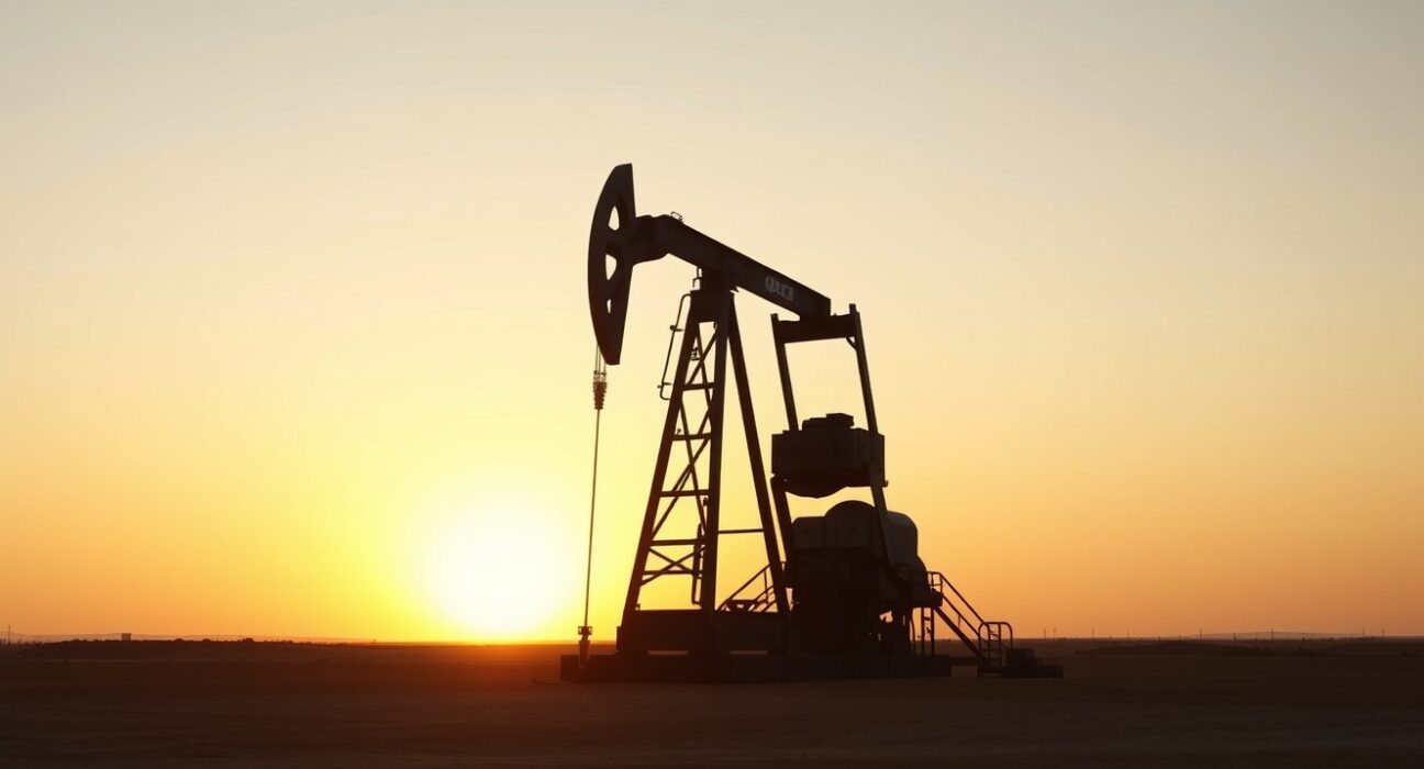 Oil pumpjack silhouetted against sunset sky representing crude oil production