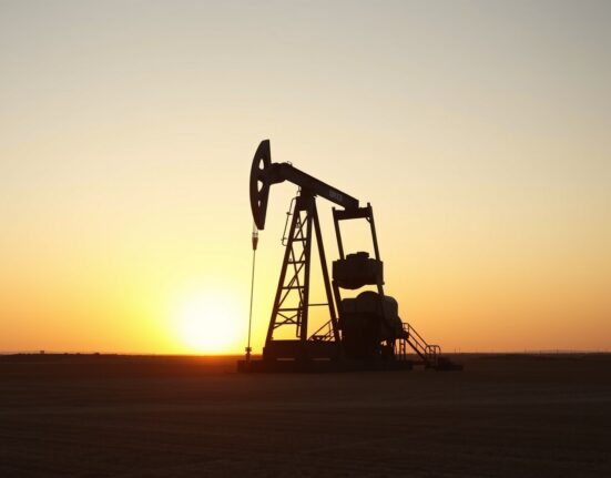 Oil pumpjack silhouetted against sunset sky representing crude oil production