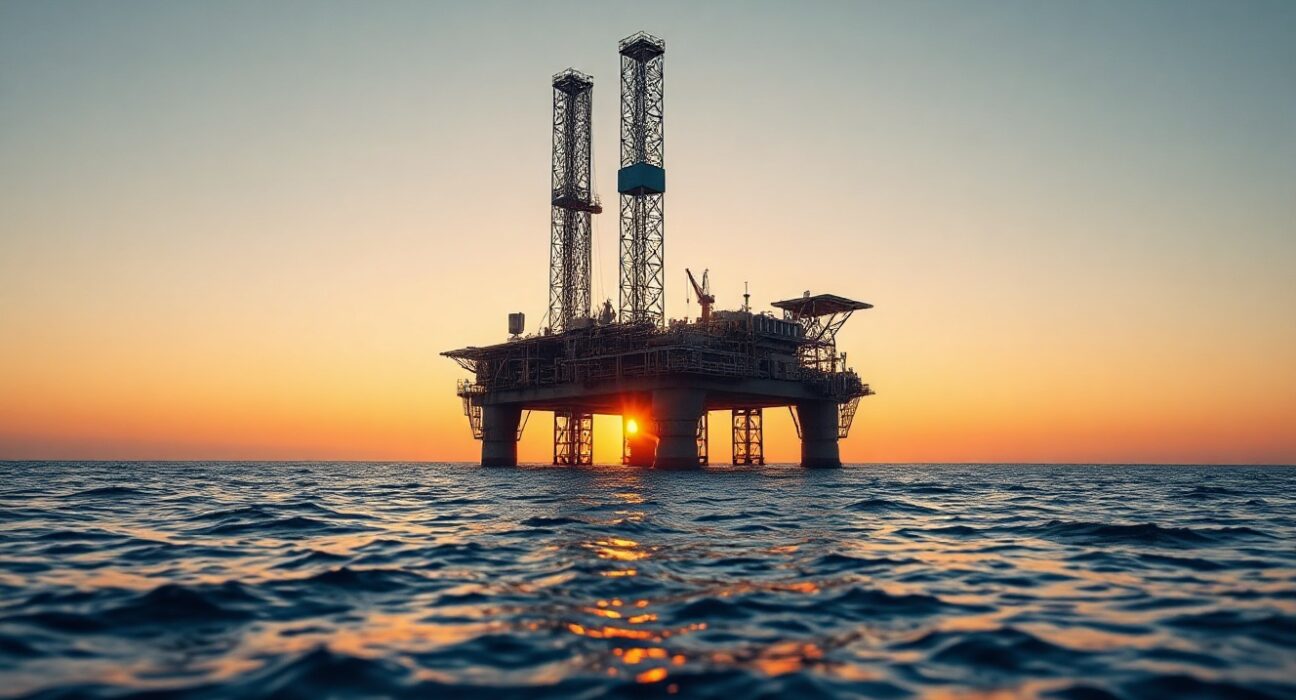 Oil rig at sunset with calm sea and clear sky, representing easing supply concerns