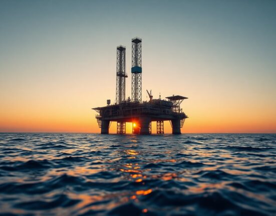 Oil rig at sunset with calm sea and clear sky, representing easing supply concerns
