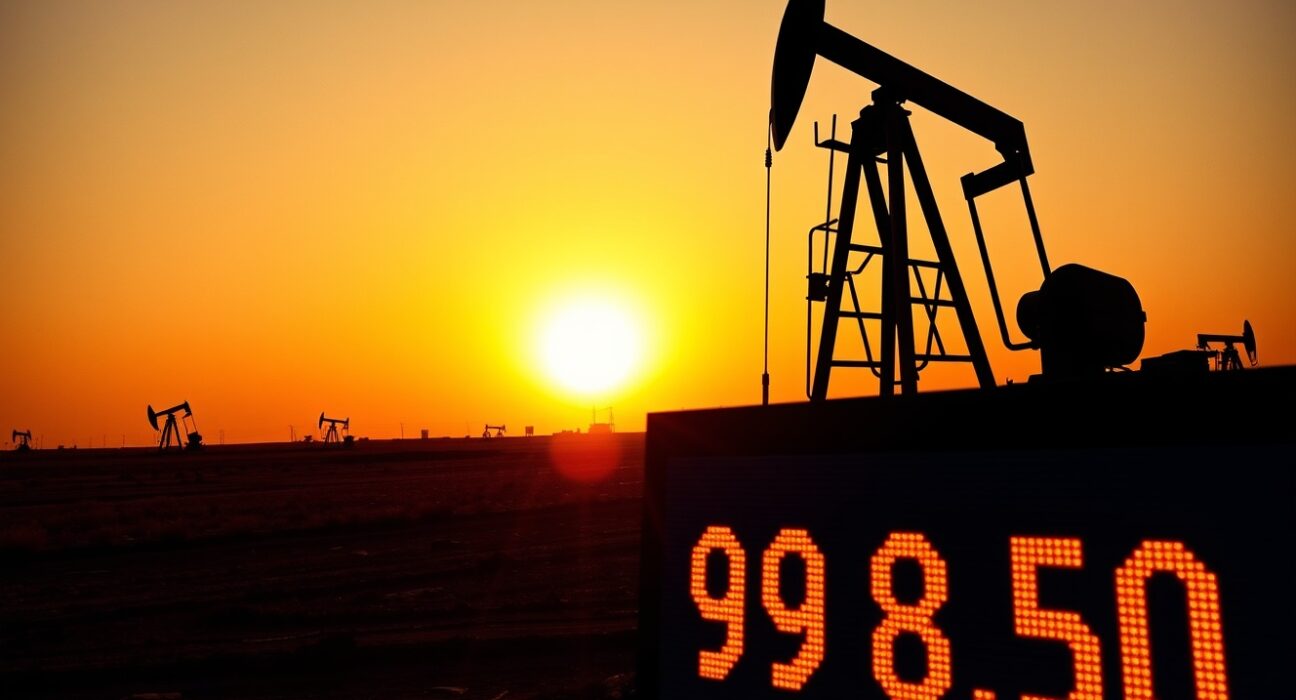 Oil pumpjack with digital price display showing WTI crude at $98.50 in a sunset oil field.