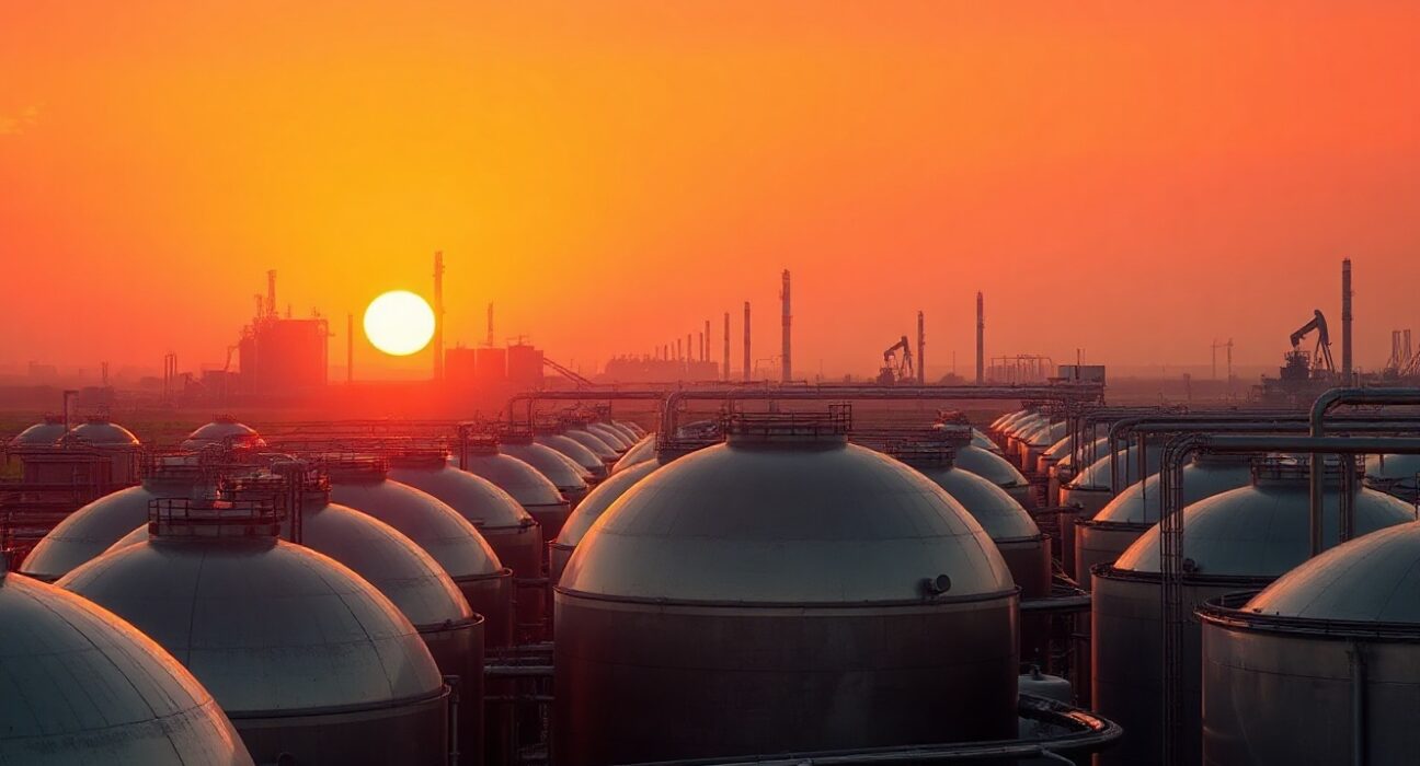 Oil storage tanks at a refinery during sunset, representing WTI crude oil price movements amid supply concerns.