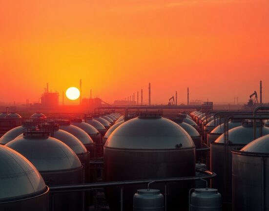 Oil storage tanks at a refinery during sunset, representing WTI crude oil price movements amid supply concerns.
