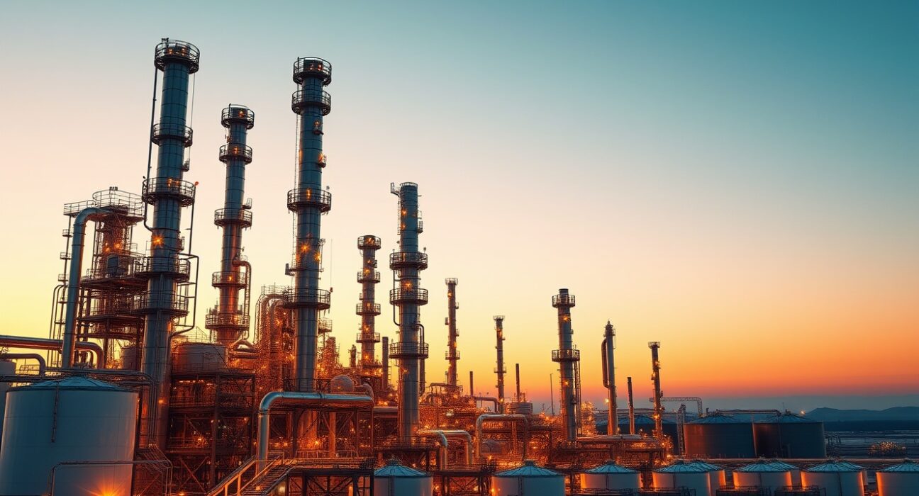 Oil refinery at dusk with calm sky, representing easing geopolitical tensions and falling WTI crude prices.