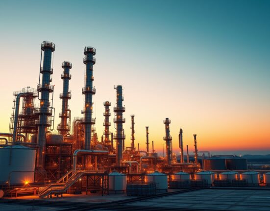 Oil refinery at dusk with calm sky, representing easing geopolitical tensions and falling WTI crude prices.