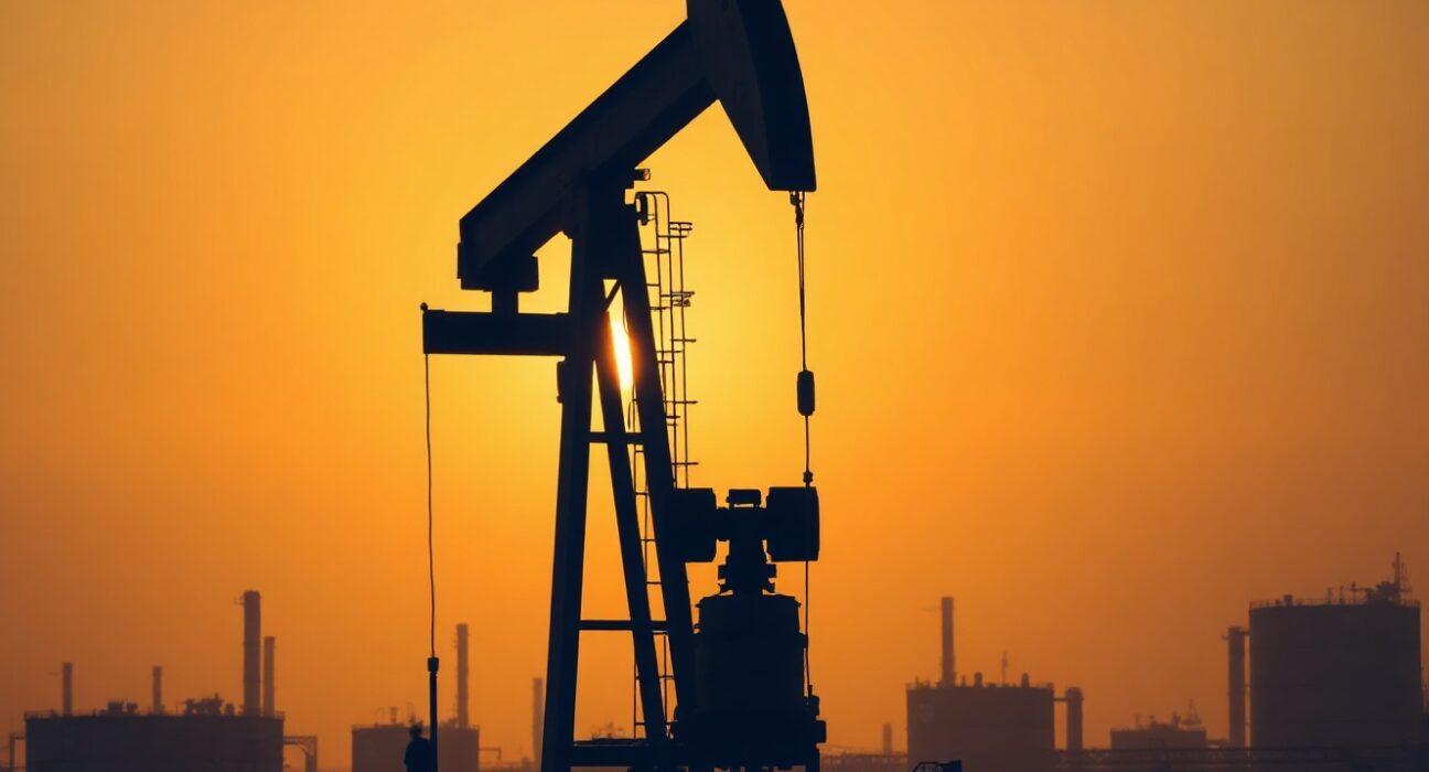Oil pumpjack at sunset with industrial tanks in background representing crude oil production