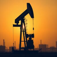 Oil pumpjack at sunset with industrial tanks in background representing crude oil production