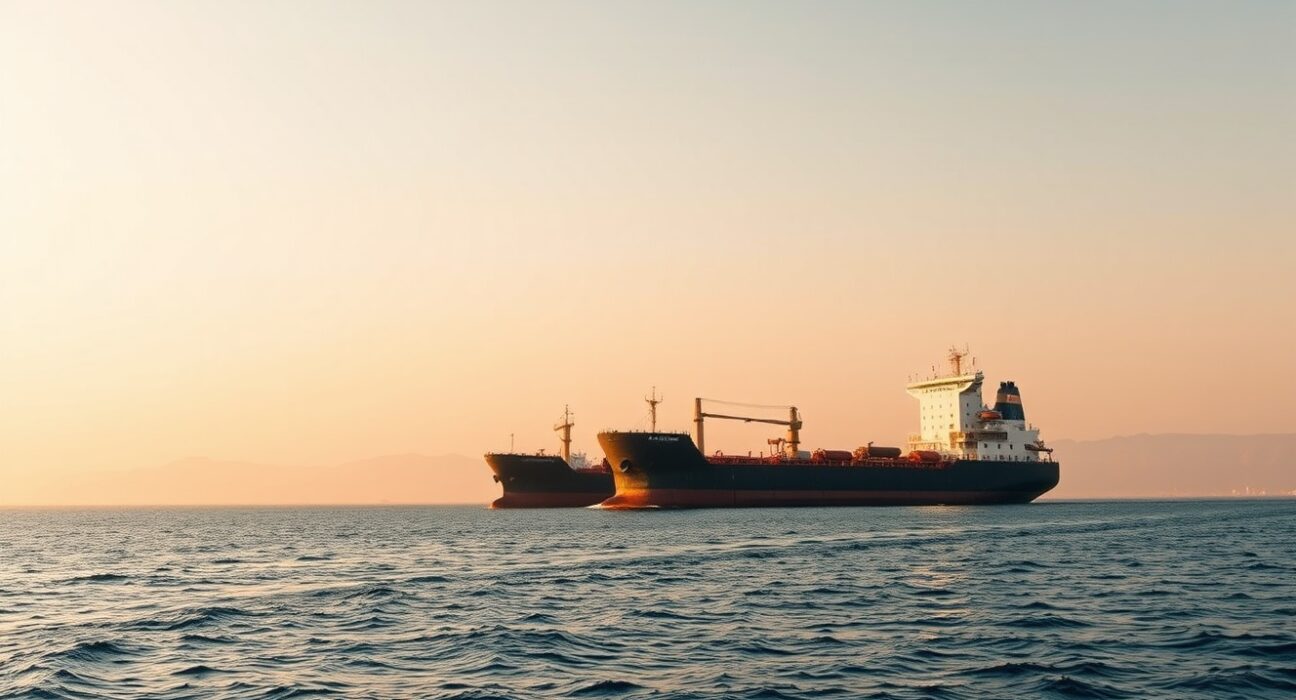 Oil tanker navigating the Strait of Hormuz under hazy late afternoon sky, reflecting geopolitical supply risk.
