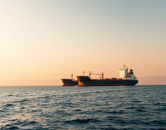 Oil tanker navigating the Strait of Hormuz under hazy late afternoon sky, reflecting geopolitical supply risk.