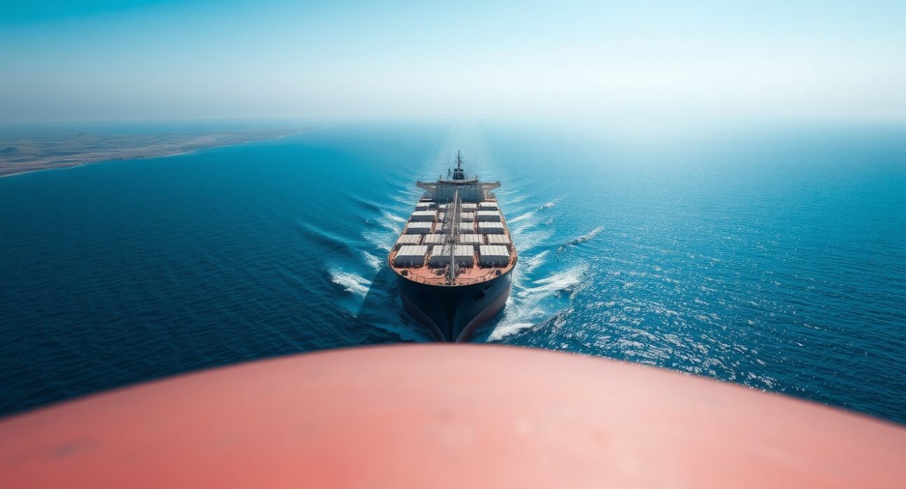 Large oil tanker sailing through the Strait of Hormuz under hazy sunlight