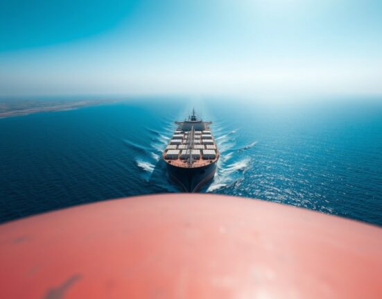 Large oil tanker sailing through the Strait of Hormuz under hazy sunlight