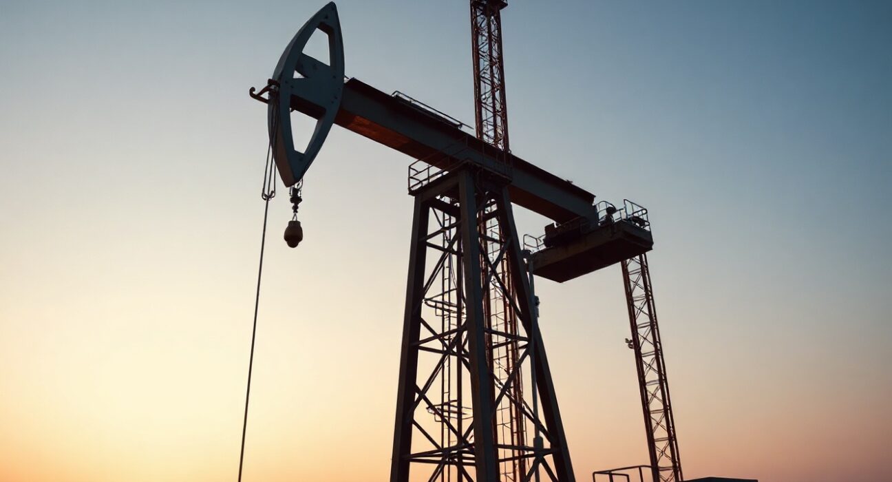 Oil drilling rig at sunset representing WTI crude oil market and energy sector analysis