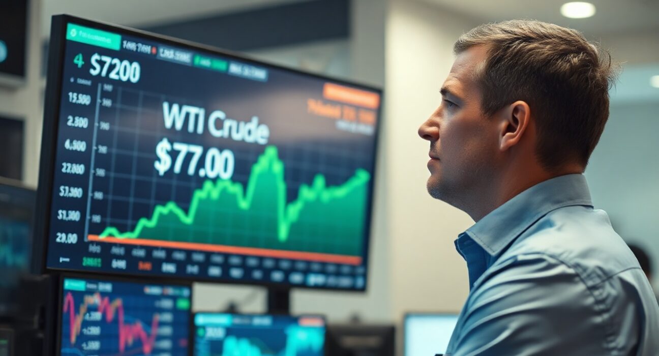 Trader monitoring WTI crude oil price chart showing stability above $75 on financial trading floor