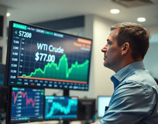 Trader monitoring WTI crude oil price chart showing stability above $75 on financial trading floor
