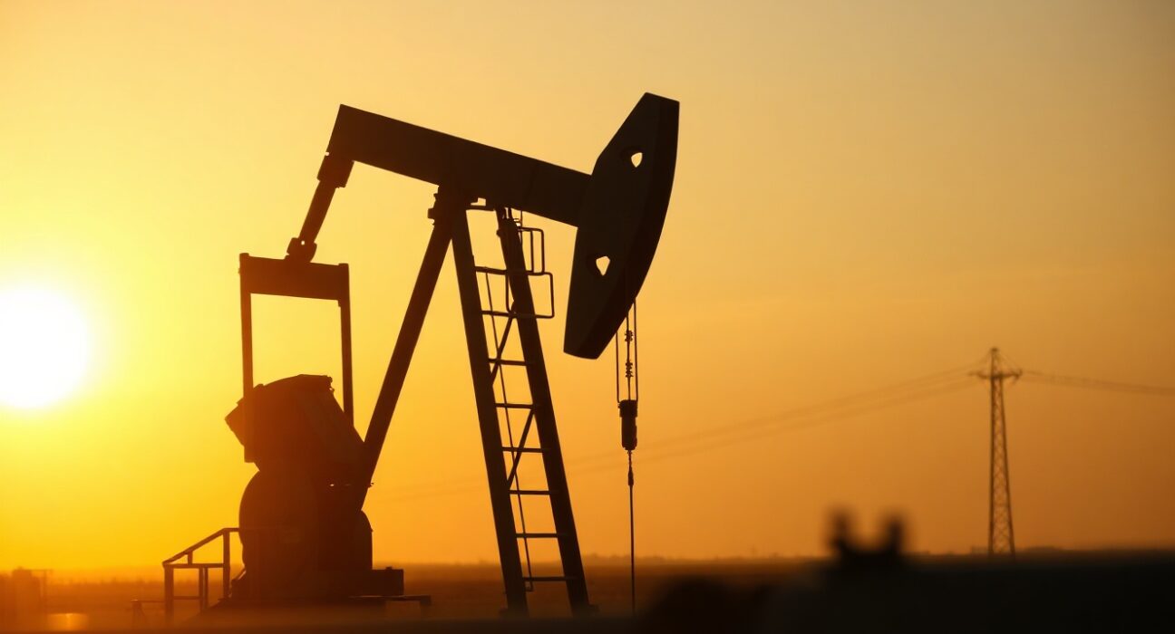 Oil pumpjack silhouette at sunset, representing crude oil supply and market uncertainty