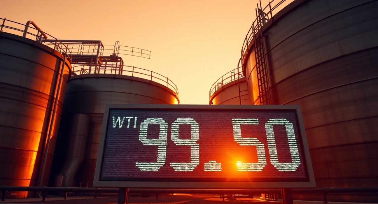 Oil storage tanks at sunset with WTI crude price display at $98.50