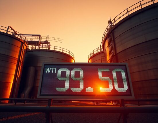 Oil storage tanks at sunset with WTI crude price display at $98.50