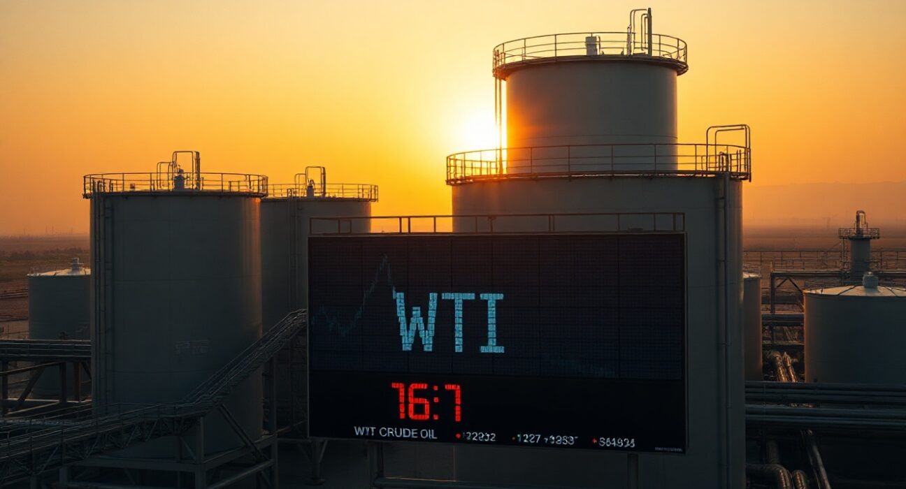 WTI crude oil price ticker at $75.50 in front of oil storage tanks at sunset