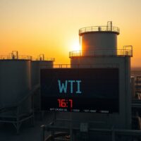WTI crude oil price ticker at $75.50 in front of oil storage tanks at sunset