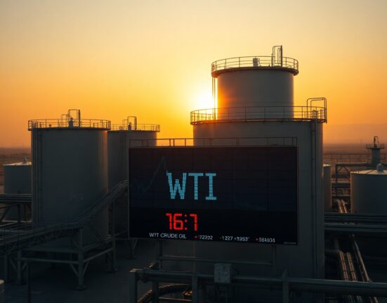 WTI crude oil price ticker at $75.50 in front of oil storage tanks at sunset
