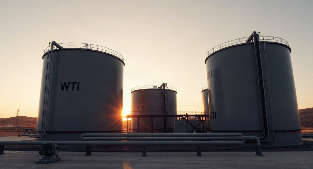 WTI crude oil storage tanks at dusk, reflecting steady oil prices amid geopolitical developments