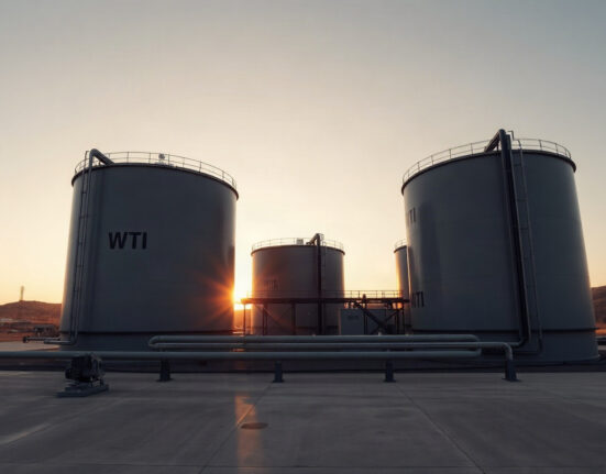 WTI crude oil storage tanks at dusk, reflecting steady oil prices amid geopolitical developments