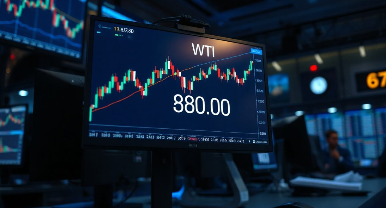 WTI crude oil price chart showing level near $80 on a trading desk monitor