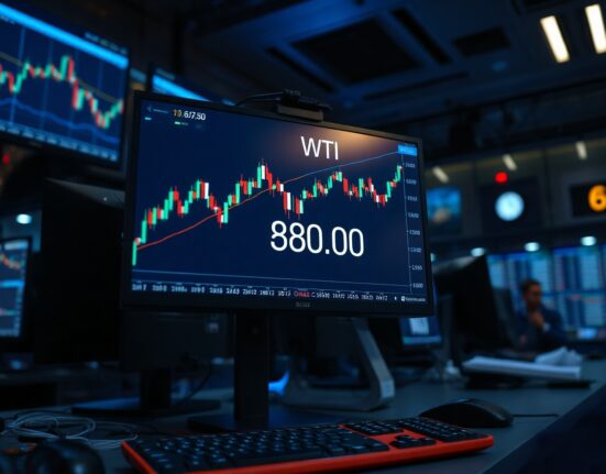 WTI crude oil price chart showing level near $80 on a trading desk monitor
