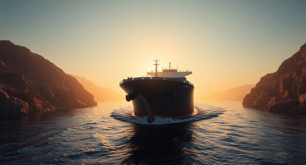 Large oil tanker sailing through the narrow Strait of Hormuz at sunset, representing geopolitical oil supply risk.