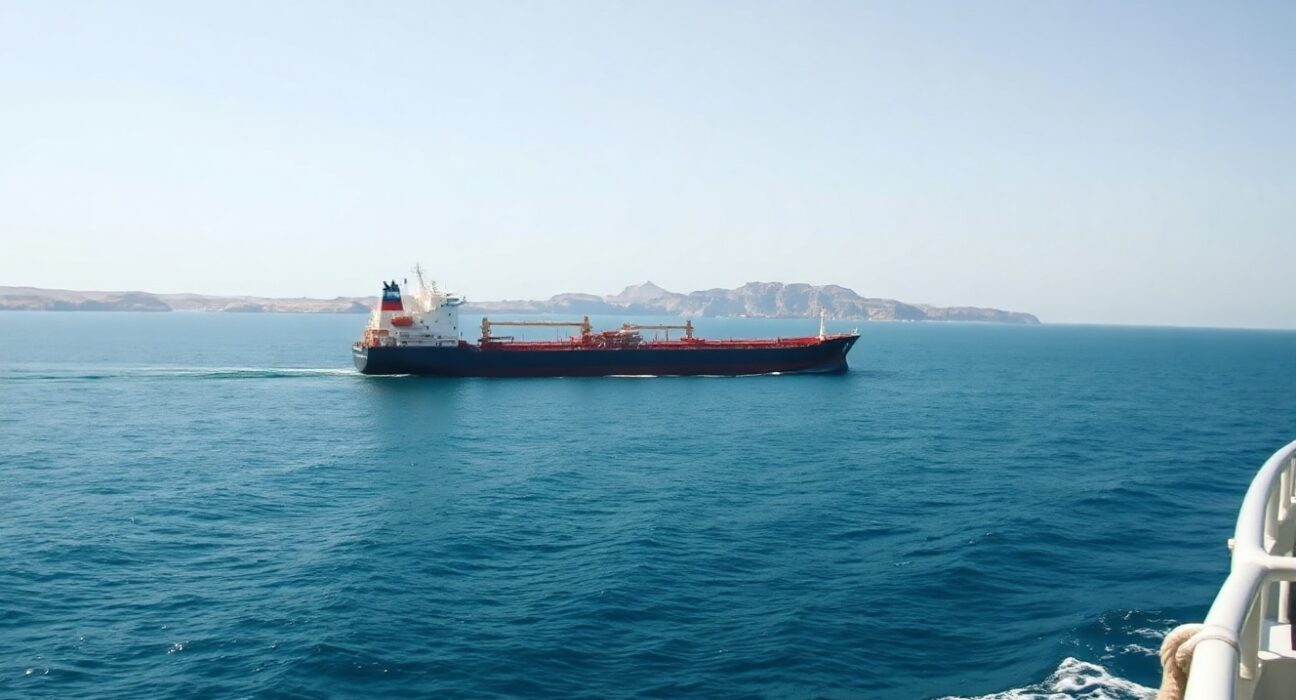 Oil tanker sailing through the Strait of Hormuz under clear skies