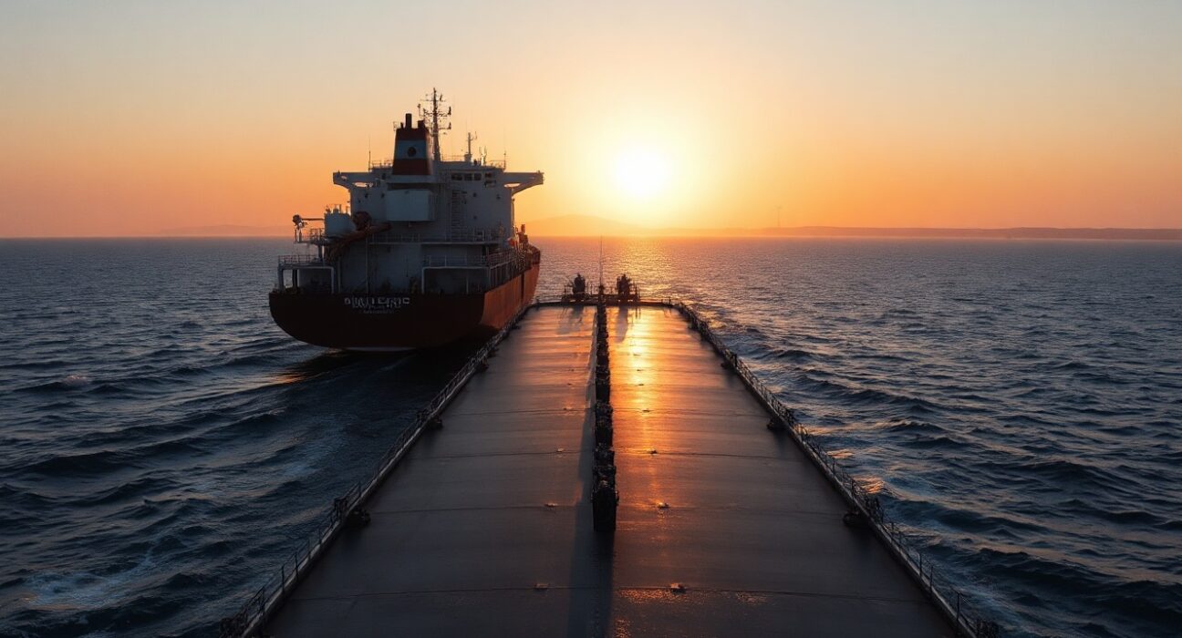 Oil tanker in the Strait of Hormuz at sunset, representing oil supply concerns.