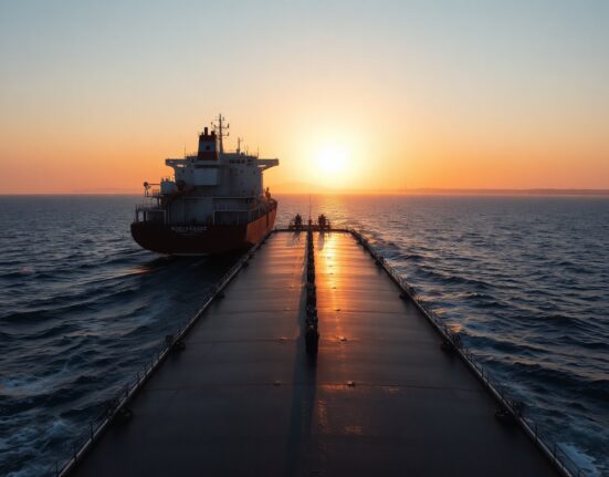 Oil tanker in the Strait of Hormuz at sunset, representing oil supply concerns.