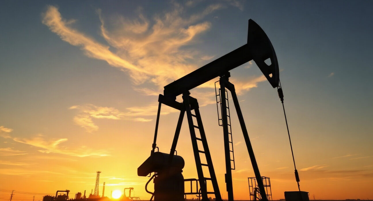Oil pumpjack silhouetted at sunset, representing rising crude prices amid geopolitical tensions