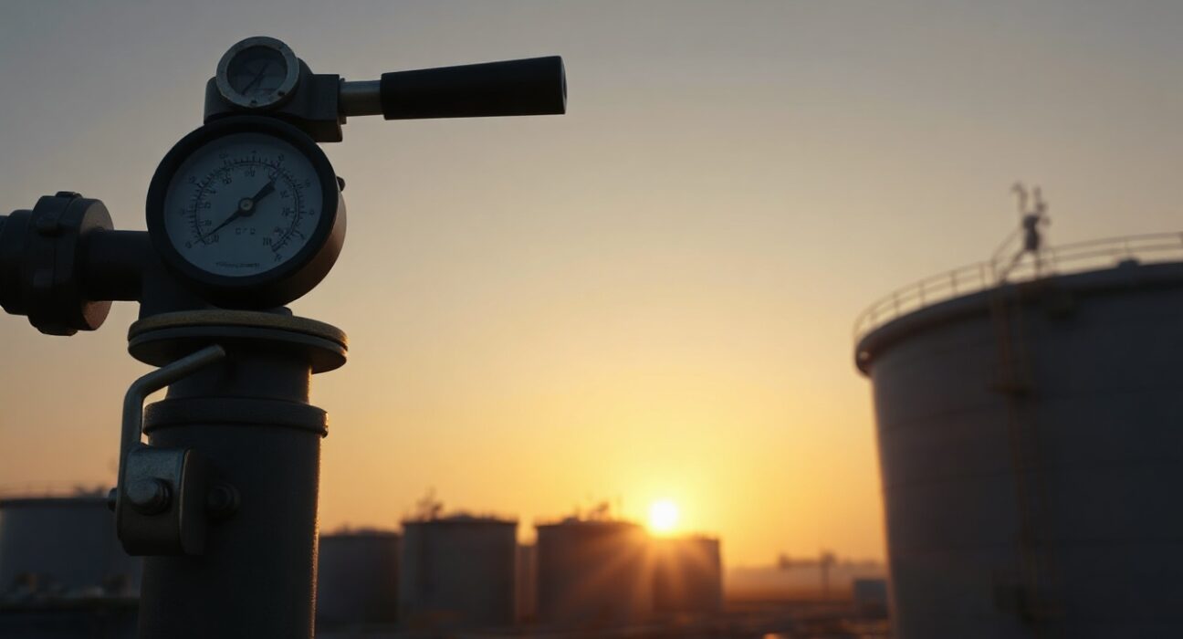 Crude oil storage tanks at sunset representing WTI price sensitivity to Iran sanctions news