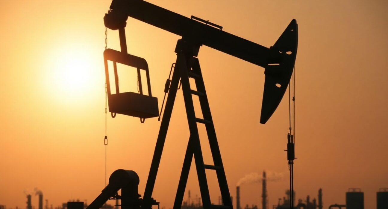 Crude oil pumpjack silhouetted at sunset near refinery, representing WTI price and supply dynamics.